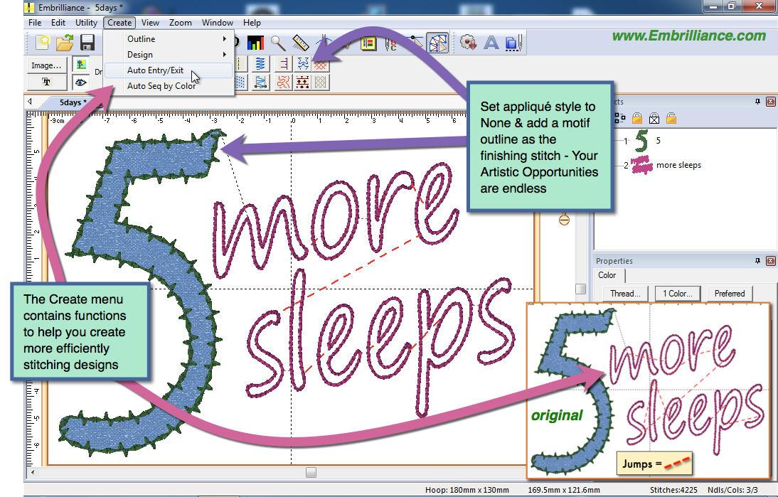 StitchArtist Embroidery Digitizing Software S diagram featuring the applique style and a '5 more sleeps' design shwoing the way StitchArtist handles jump stitches.