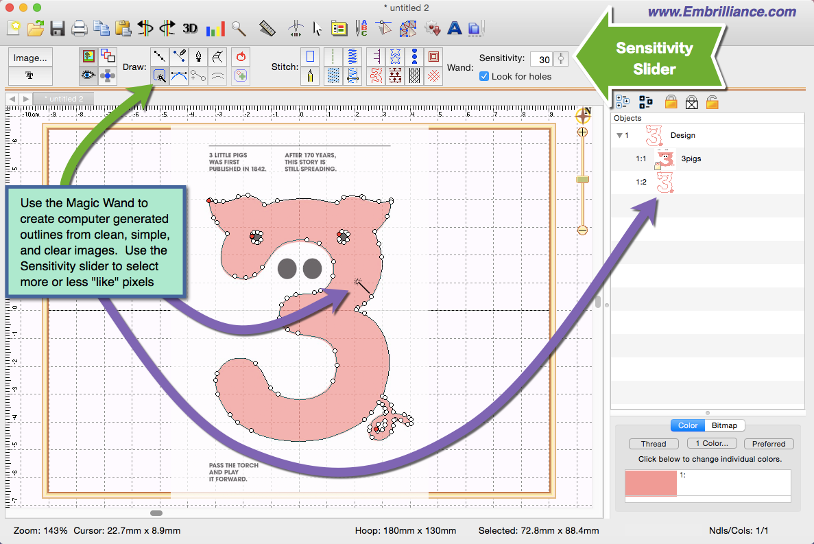 StitchArtist Embroidery Digitizing Software Showing the Magic Wand tool for creating outlines from graphics.