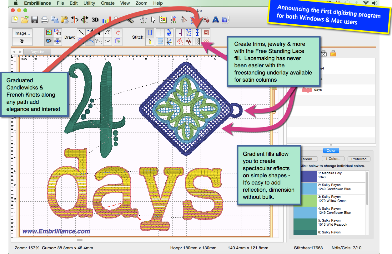 StitchArtist Embroidery Digitizing Software shoing gradient fills, freestanding lace tools, and graduated french knots