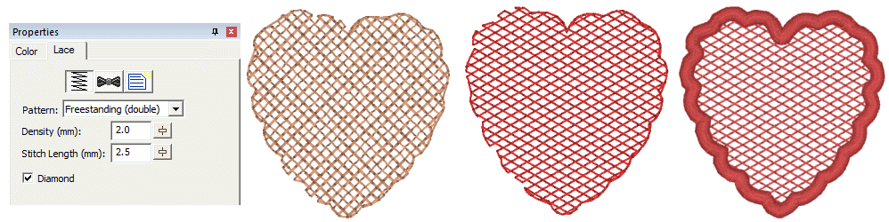 FreeStanding lace objects and properties in StitchArtist Embroidery Digitizing Software showing a lace heart embroidery design
