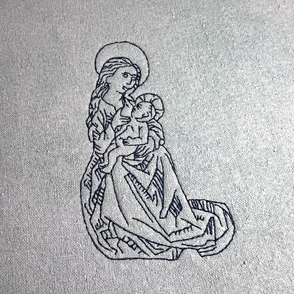 Free Madonna & Child Woodcut Embroidery Design