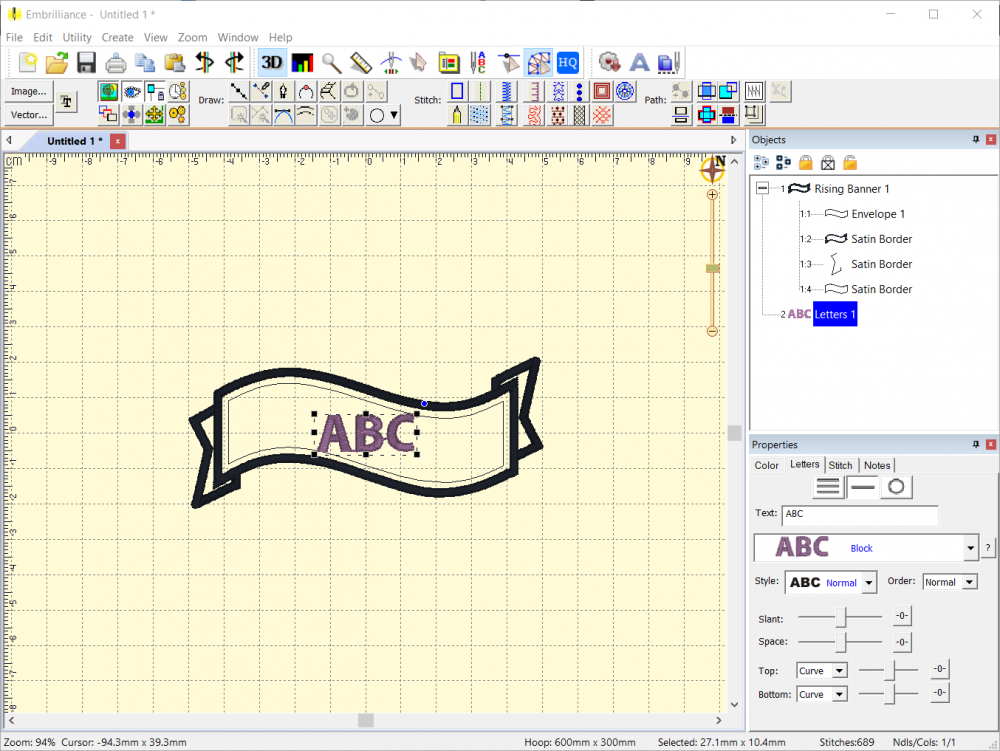 Lettering Object added atop Envelope Shape in the Embrilliance Platform