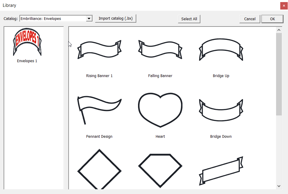 Embrilliance Embroidery Software library showing Text Envelope designs with satin stitch borders