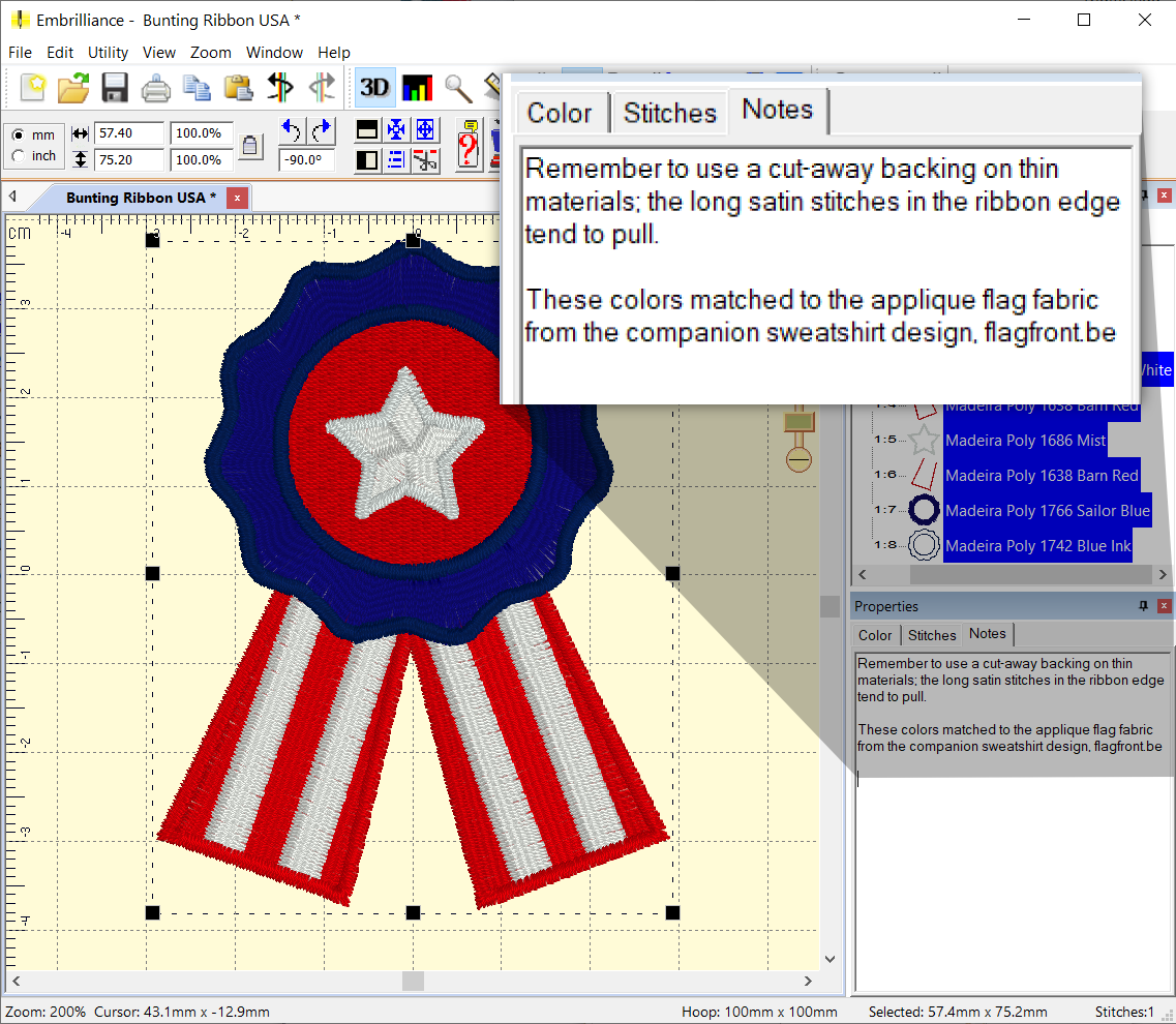 Shows the Notes function in Embrilliance Essentials