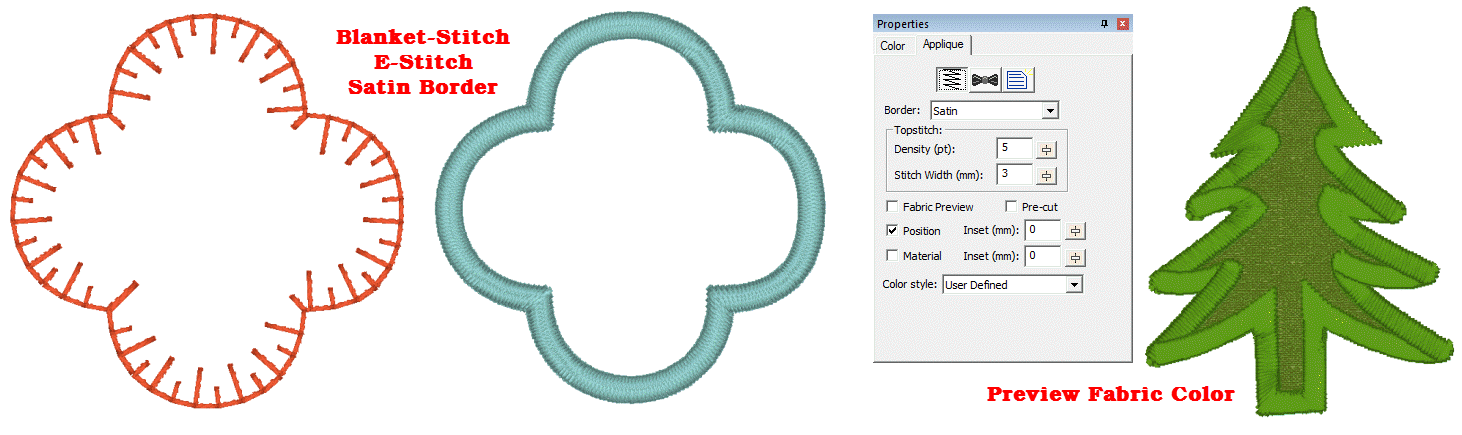 Applique properties showing a satin stitch and estitch border as well as applique fabric preview in StitchArtist