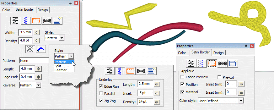 Satin or Steil stitch properties in StitchArtist embroidery digitizing software
