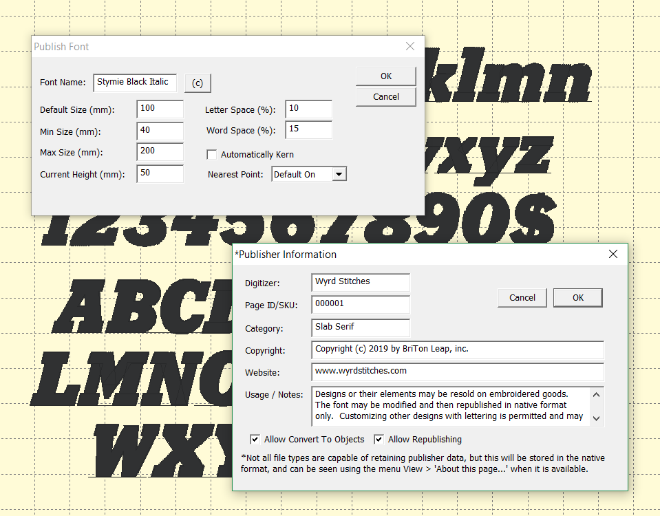 Custom Font Publishing showing a typeface and the publishing tools