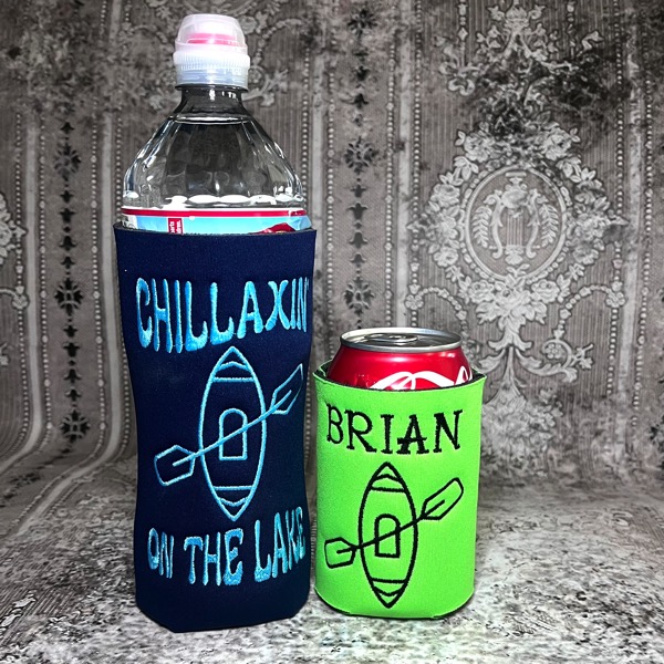 Chillaxing Can Coolers for a Special Summer Birthday with a Free Kayak Embroidery Design