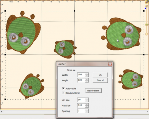 Embrilliance Enthusiast scatter tool arranges and sizes your embroidery design in several positions in the hoop for an interesting effect.