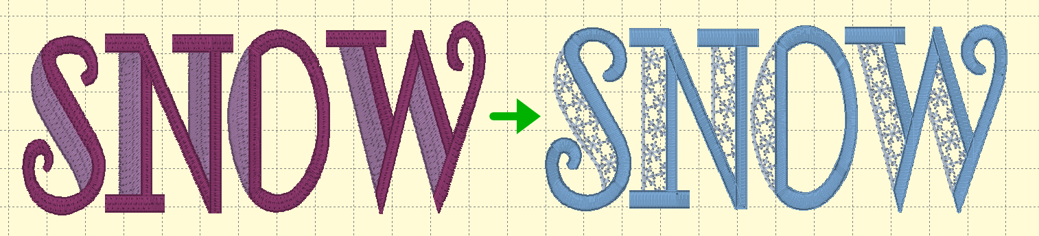 Embrilliance Font Collection 2 Text reading 'SNOW' converted to a custom design with snowflake motif fills reading 'SNOW'
